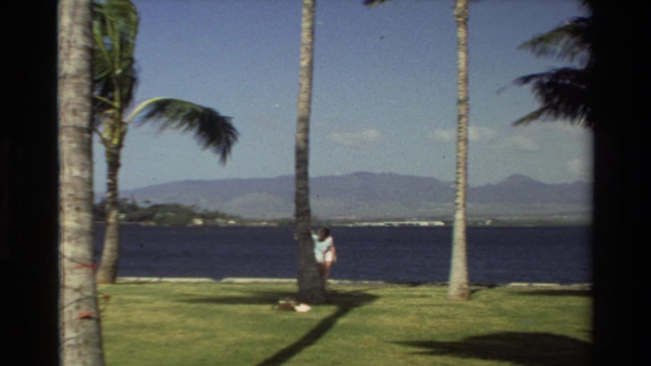 1981 Hawaii home-movie frame showing two women walking near palm trees beside dark ocean water with mountains across the bay.