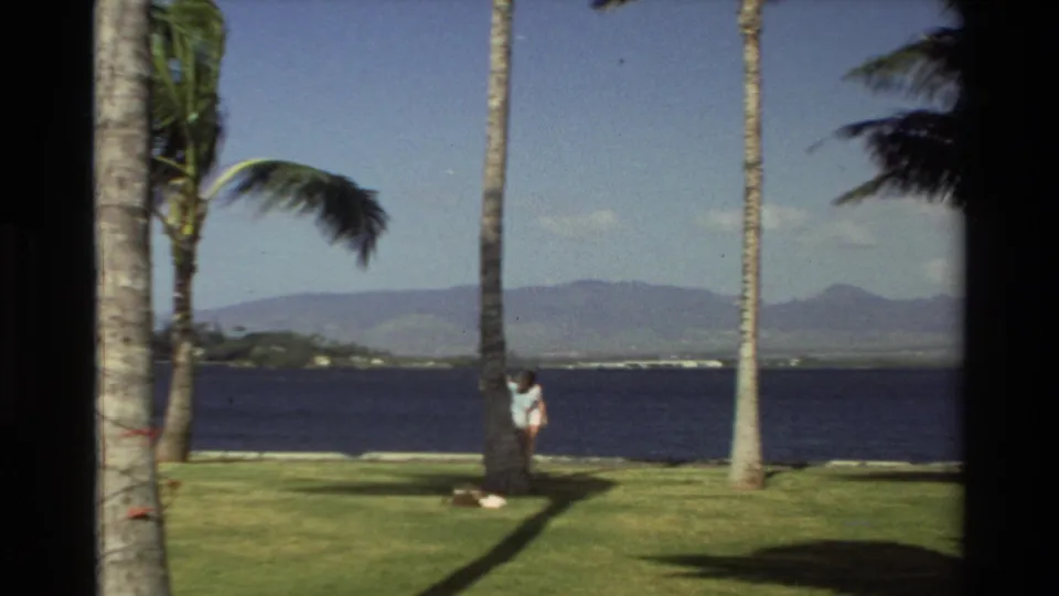 1981 Hawaii home-movie frame showing two women walking near palm trees beside dark ocean water with mountains across the bay.