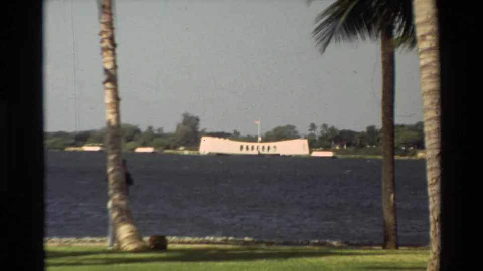 1981 Hawaii frame with the USS Arizona Memorial across dark water, seen through palm trunks from a grassy waterfront.