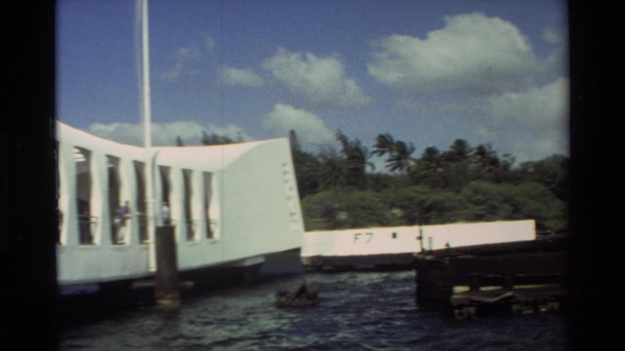 USS Arizona Memorial white structure over water with dock edge, palm trees, sky, and small visitors visible.
