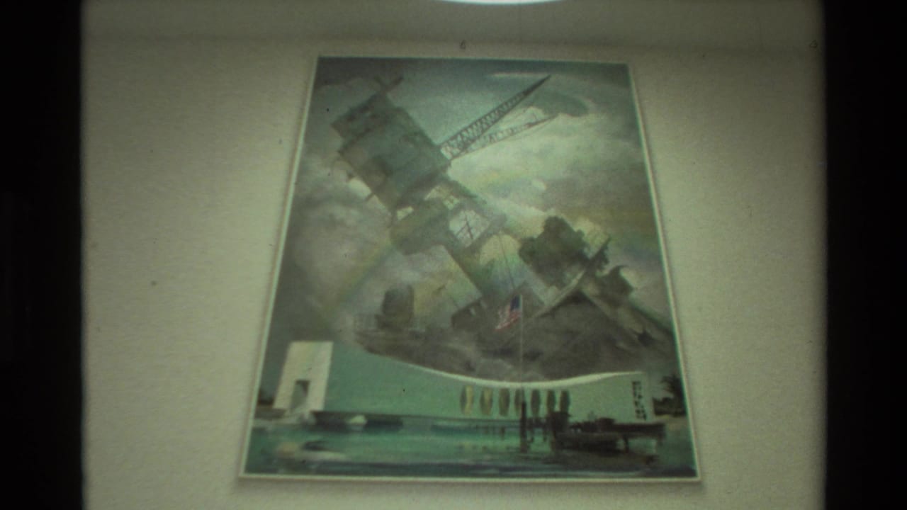 Framed painting of a damaged battleship with an American flag and rainbow on a pale wall.