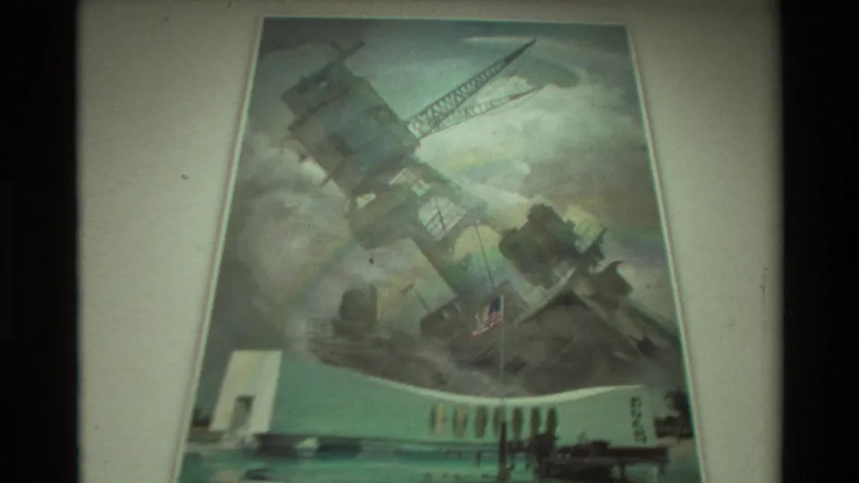 Closer 8mm view of the memorial painting showing a damaged warship, smoke, an American flag, and a rainbow.