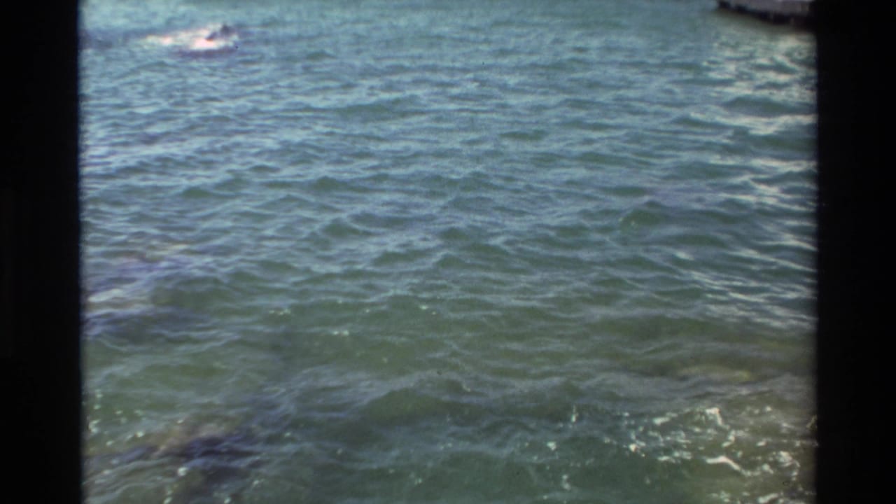 1981 Hawaii waterfront view across rippled blue-green water, with a small distant person or craft barely visible near the upper frame.