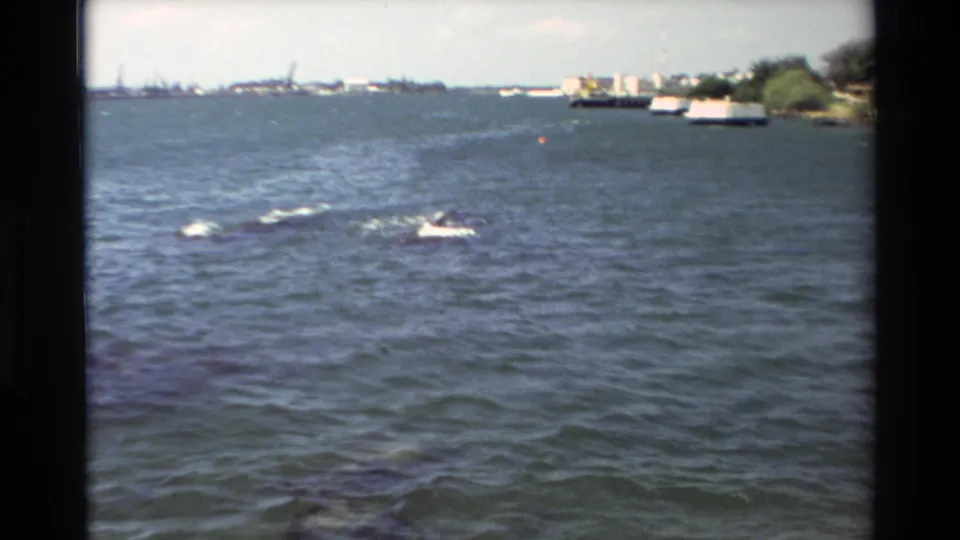1981 Hawaii home-movie frame showing a wide harbor or bay, small boats or swimmers, docks, trees, and distant low buildings.