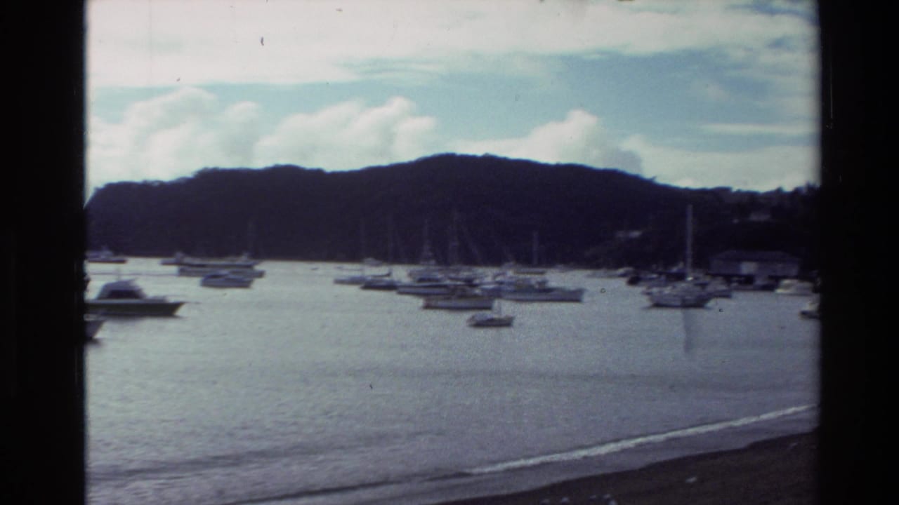 Anchored boats in a calm bay with dark hills behind and a beach in the foreground.