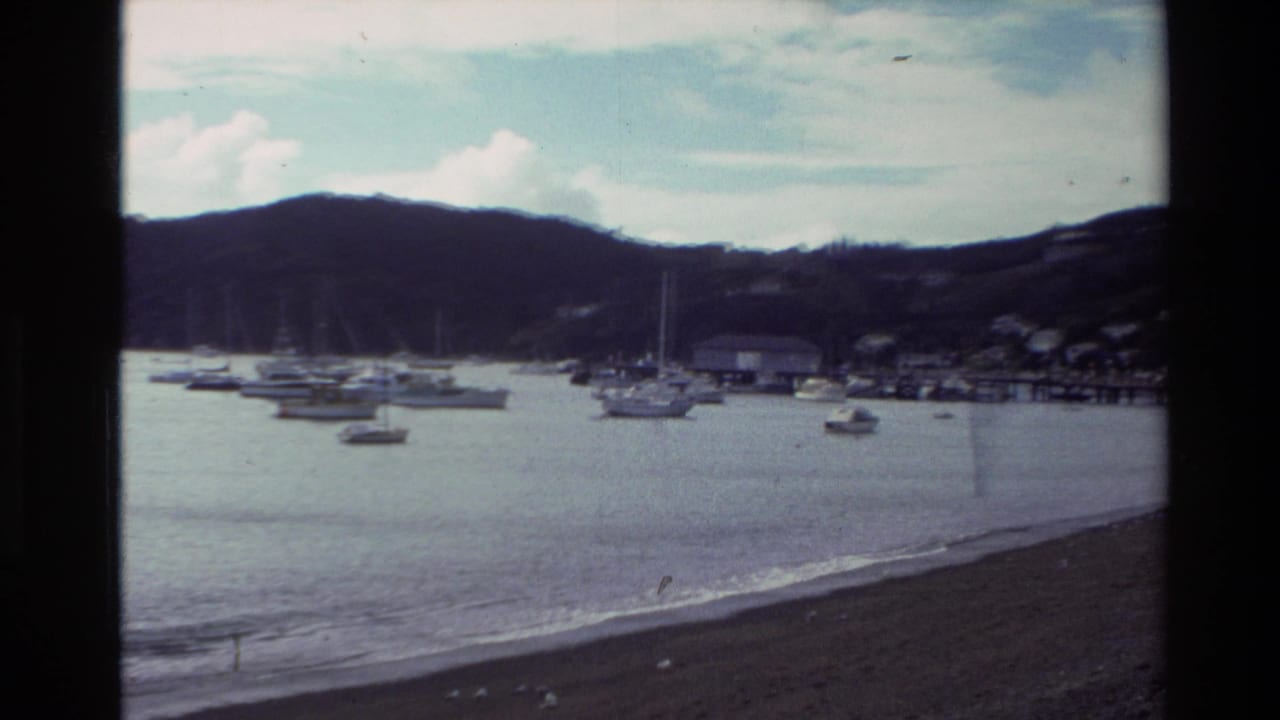 1981 New Zealand coastal bay view with anchored sailboats, a curved beach, low waves, hills, and distant shoreline structures.