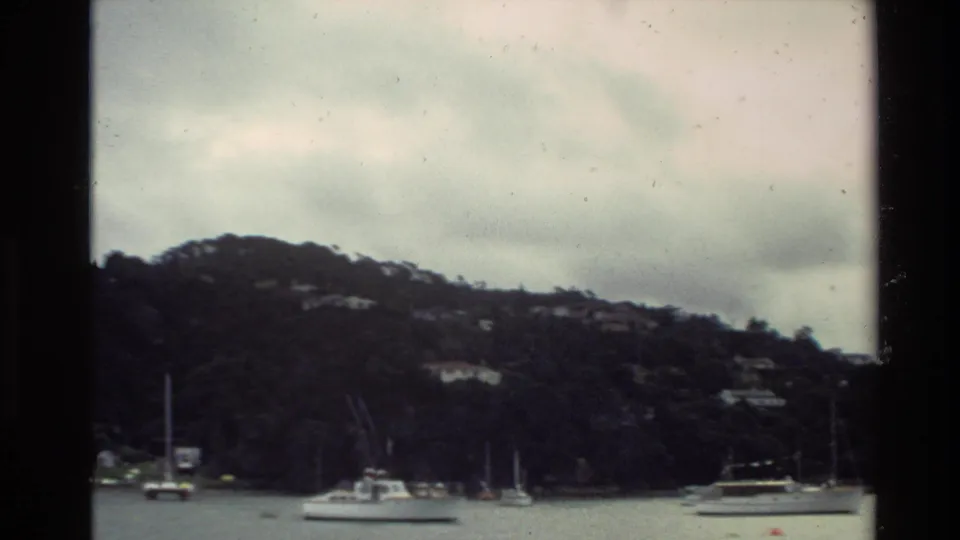 1981 New Zealand bay scene with boats in the foreground, a wooded hillside, scattered houses, and overcast sky.