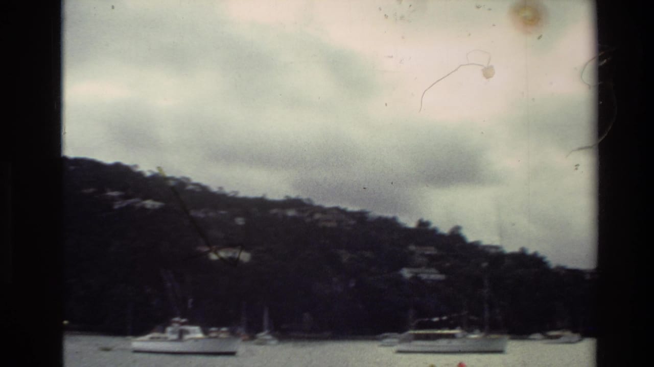 1981 New Zealand home-movie frame showing anchored boats on calm water beneath a tree-covered hillside and overcast sky.