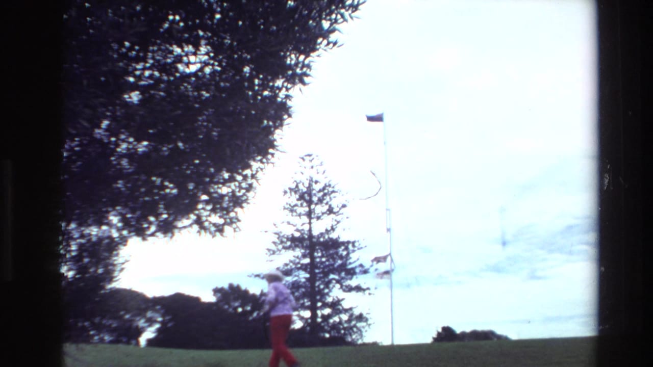 Person walking on grassy hill near a flagpole and trees.