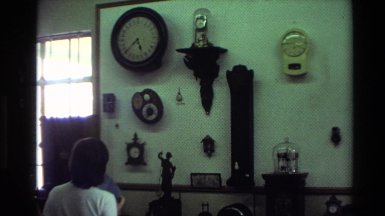 1981 New Zealand home-movie view of a private room wall filled with clocks and decorations, with a person seen from behind near a bright window.