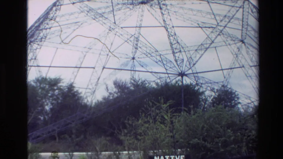 New Zealand park enclosure view with a geodesic dome structure over dense vegetation and a partly cropped sign.
