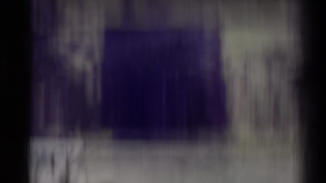 Soft blurred transition frame with purple-gray vertical smearing, dark gate edges, and visible film texture.