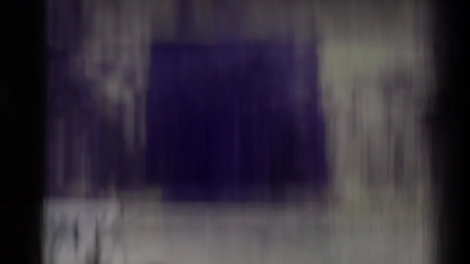 Soft blurred transition frame with purple-gray vertical smearing, dark gate edges, and visible film texture.