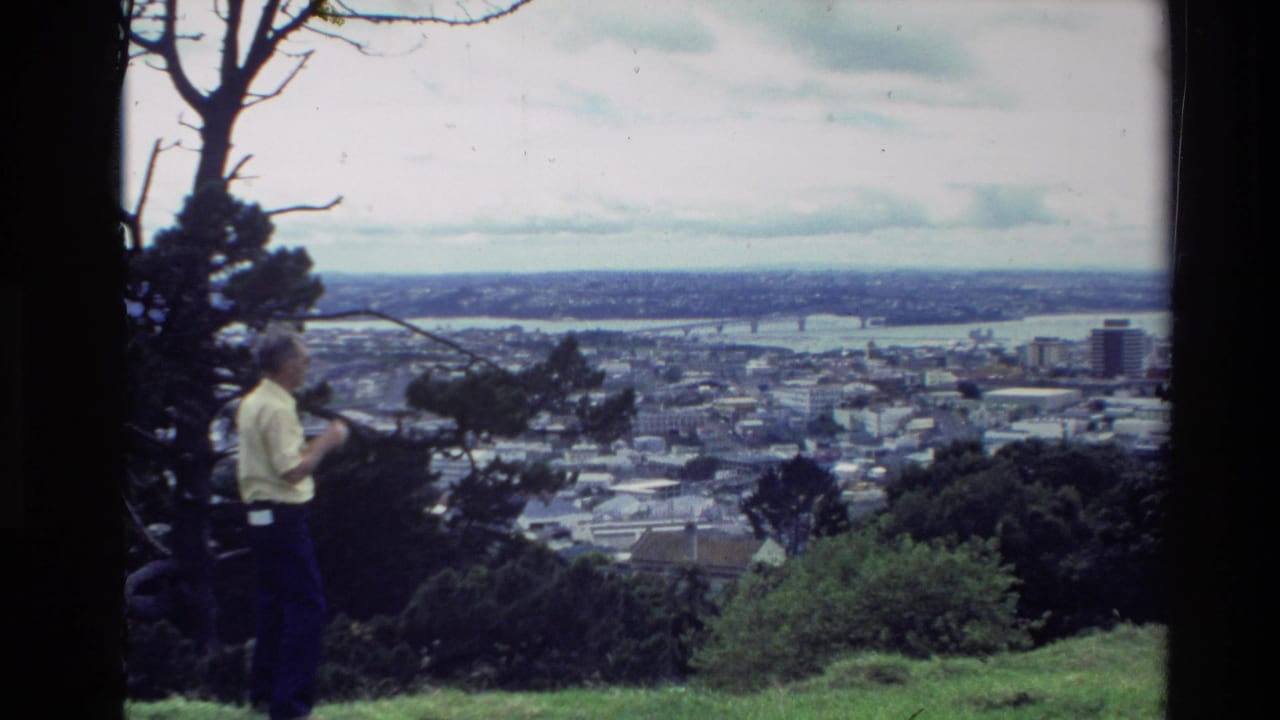 1981 New Zealand home-movie frame showing a man on a hillside viewpoint looking across a city, harbor water, and distant bridge.