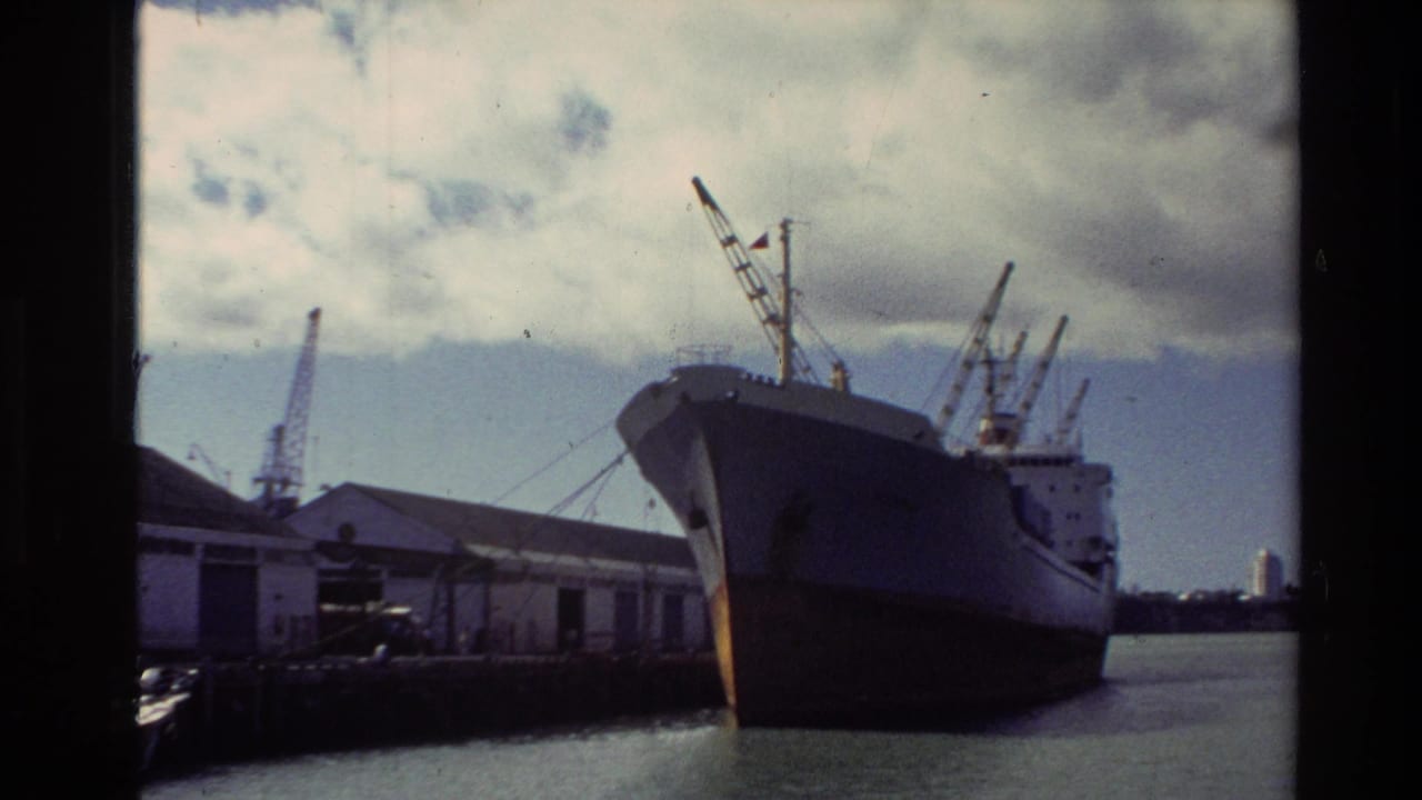 Cargo ship at a dock with cranes, low buildings, water, and cloud cover.