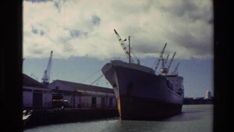 New Zealand harbor view from 1981 with a large docked cargo ship, cranes, sheds, and visible 8mm frame edges.