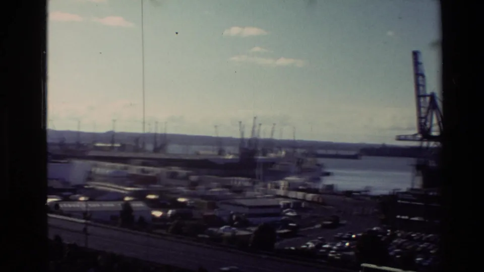 1981 New Zealand harbor scene with industrial cranes, port yards, parked vehicles, storage tanks, and water beyond.