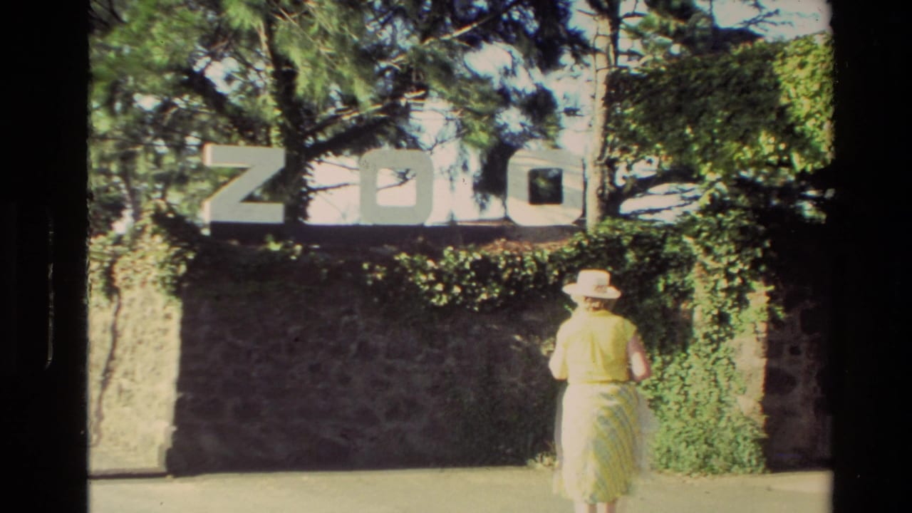 Woman in a yellow dress and white hat walking near a stone wall with a large ZOO sign.