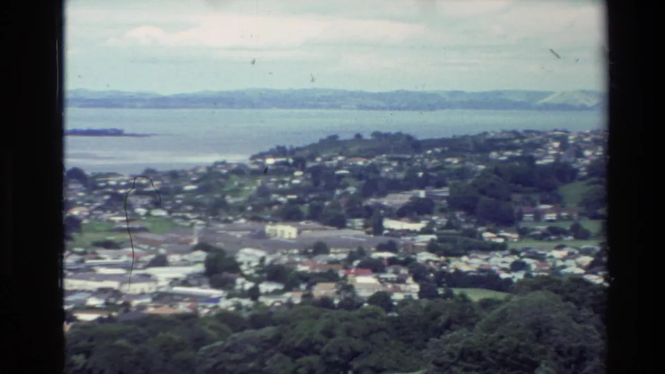 Elevated 1981 New Zealand view over a coastal suburb with housing, trees, a broad body of water, and distant hills under cloudy sky.