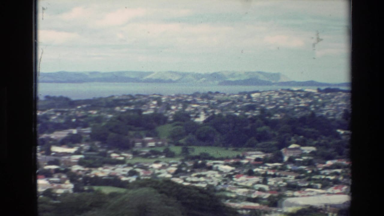 1981 New Zealand home-movie frame showing a high view across suburban streets toward ocean water and hazy mountain ranges.