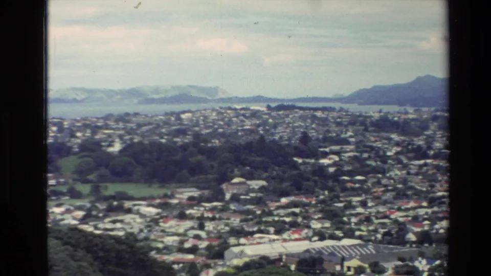 Elevated 1981 New Zealand view of a dense residential area bordered by green slopes, ocean, and distant mountain ranges.