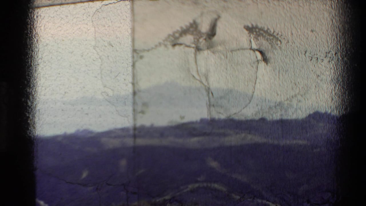 1981 New Zealand 8mm view of shadowed hills, pale water, and distant land through a worn film frame.