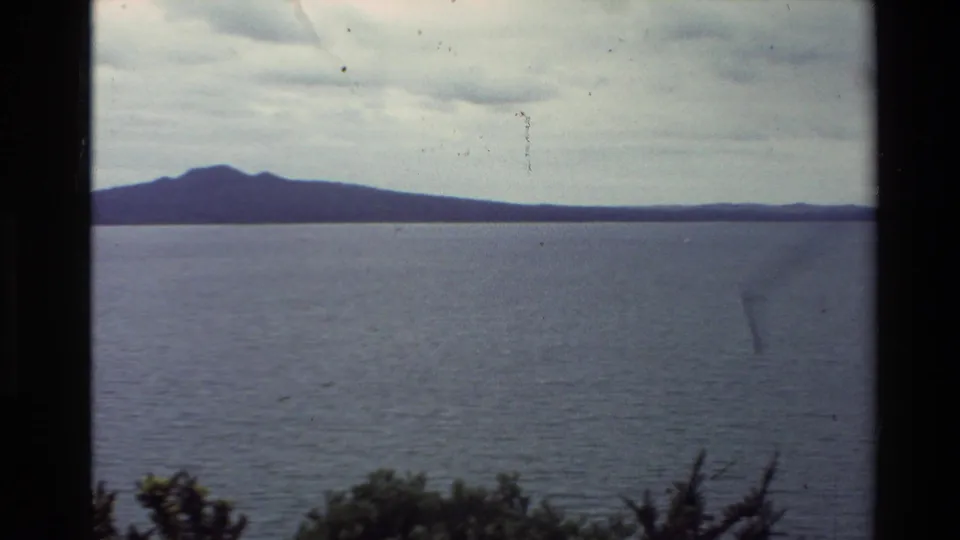 1981 New Zealand 8mm frame showing open water, a distant hilly shoreline, cloudy sky, and dark foreground foliage.