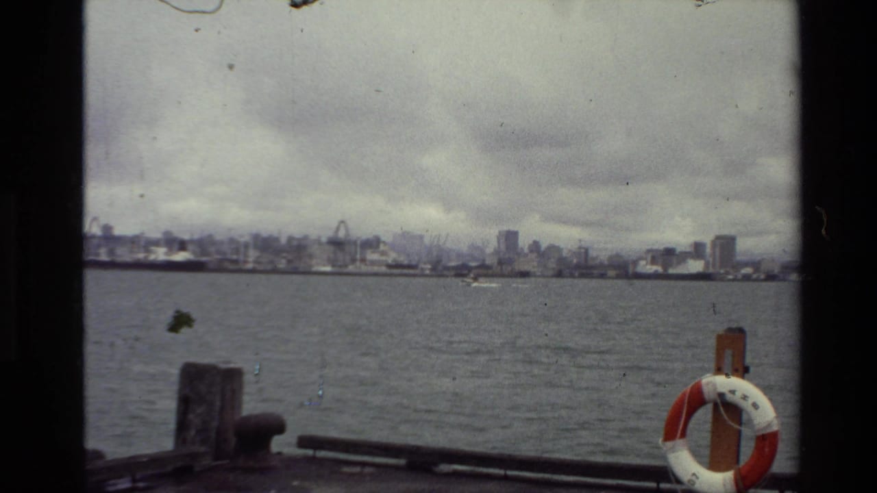 1981 New Zealand dockside view across a wide harbor or river toward a distant city skyline, with a life ring in the foreground.