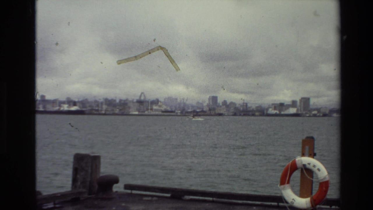 Wide water view with skyline, cranes, dock post, and life ring.