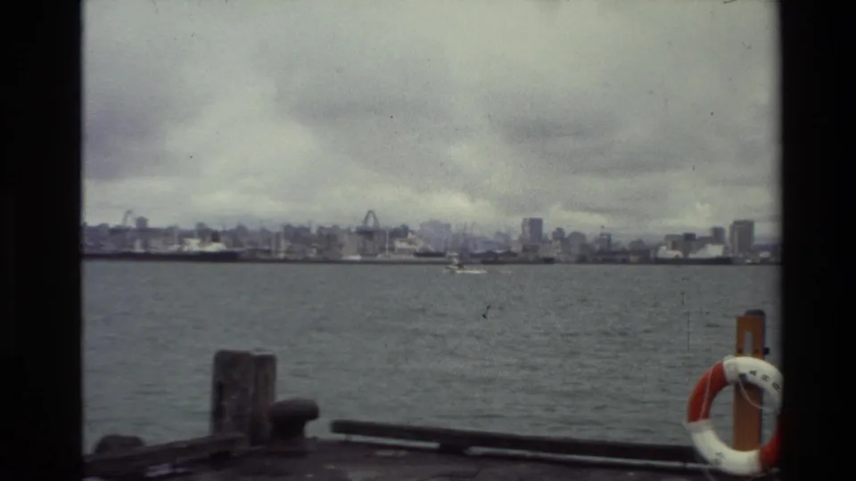 New Zealand 1981 home-movie frame showing a grey waterfront skyline across open water, with dock posts and a life ring at the edge.