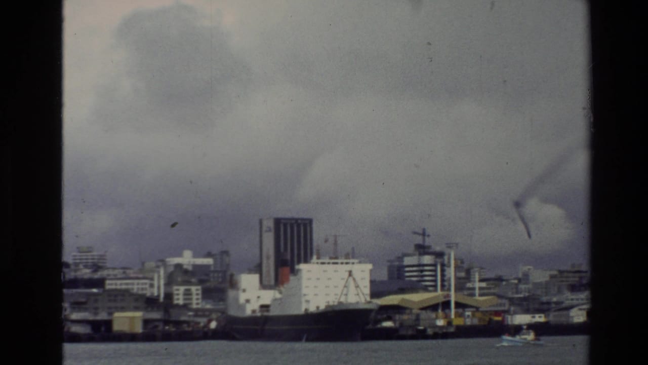 1981 New Zealand 8mm view of a docked cargo ship, waterfront buildings, gray water, and overcast harbor sky.