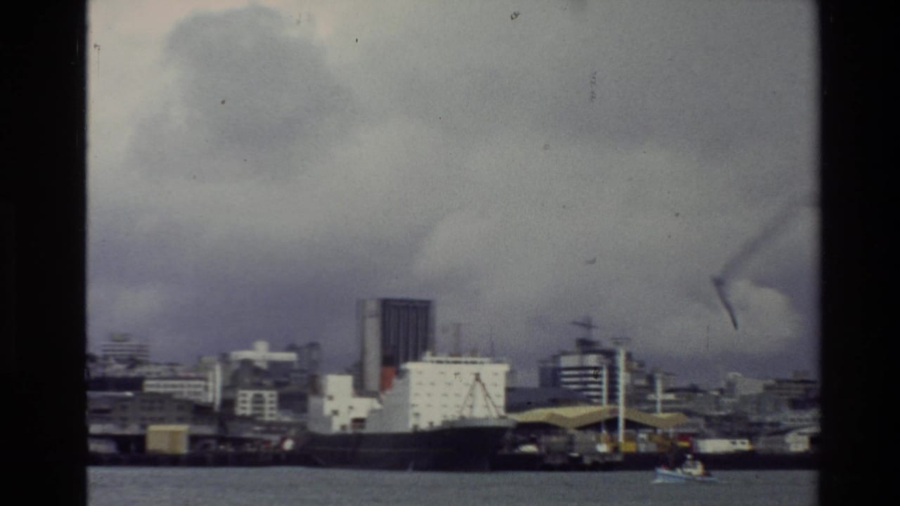 Harbor waterfront with a large ship, buildings, and small boat on gray water.