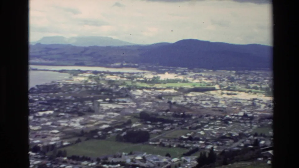 1981 New Zealand elevated town view showing dense housing, green fields, waterfront water, and low hills beyond.