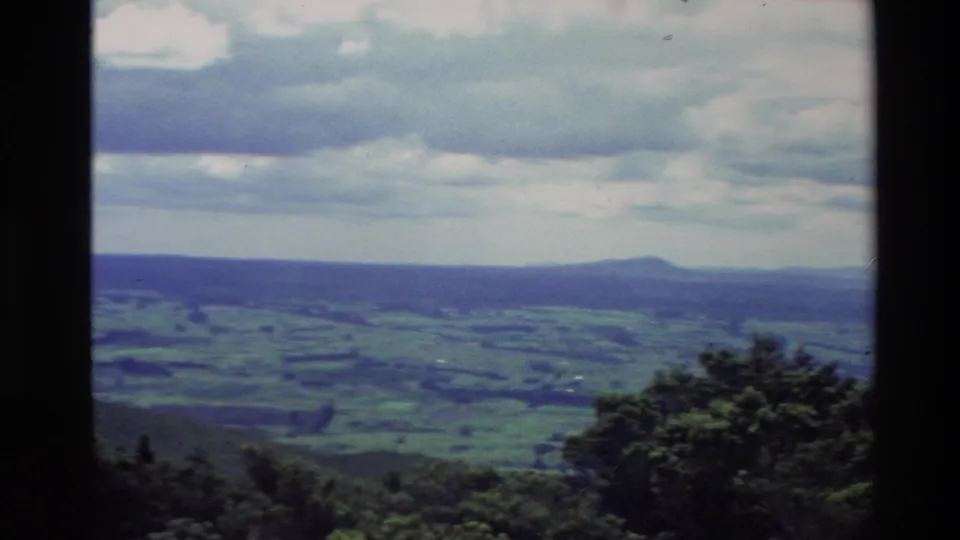1981 New Zealand 8mm frame with rolling green farmland, a low distant ridge, foreground bush, and heavy clouds.