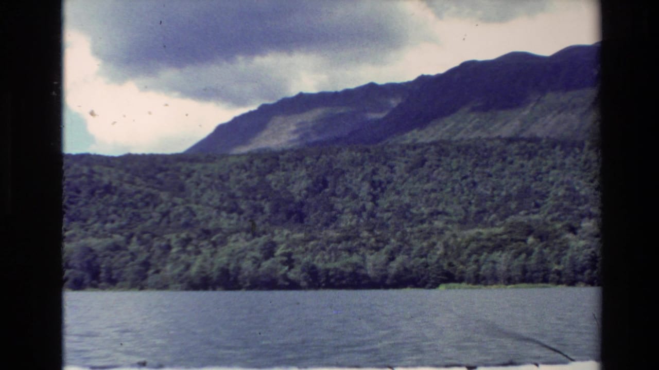1981 New Zealand 8mm frame showing a lake, dense green shoreline, and dark mountain ridge beneath heavy clouds.