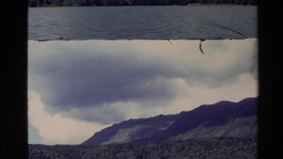 New Zealand 8mm frame appears inverted or split, with lake water, forest, mountains, and broad gray clouds visible.