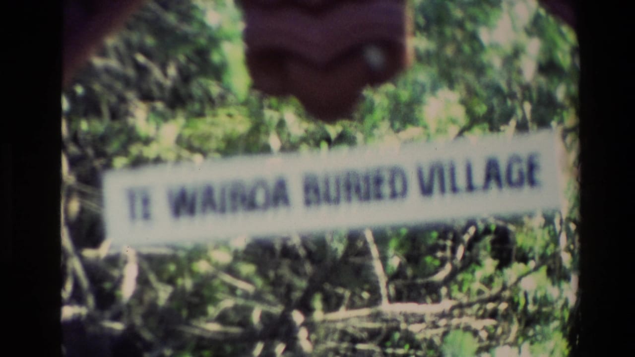 1981 New Zealand home-movie frame showing a soft-focus Te Wairoa Buried Village sign against dense green vegetation.
