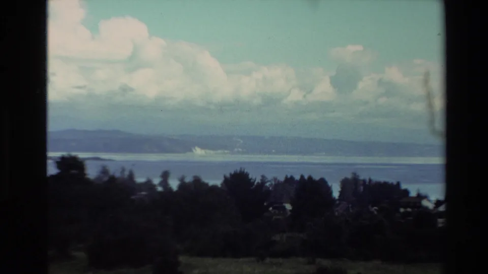 1981 New Zealand home-movie frame showing a coastal view from above, with trees below, water in midground, and distant hills beneath clouds.