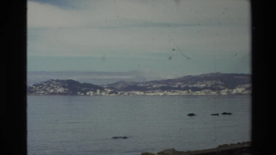 1981 New Zealand 8mm view across a calm bay toward distant coastal hills and small shoreline buildings.