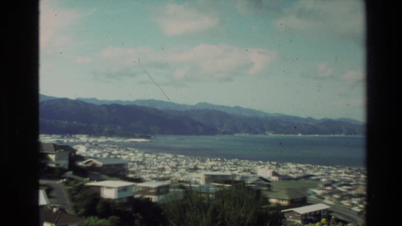 1981 New Zealand home-movie frame showing coastal homes below an elevated lookout, with bay water and hills beyond.