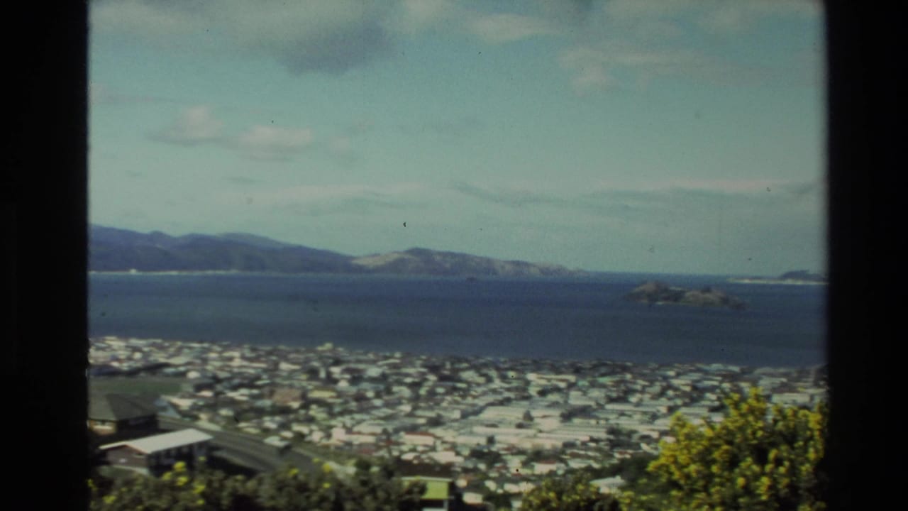 1981 New Zealand home-movie frame showing a coastal city below, harbor water, distant hills, and dark scan borders.