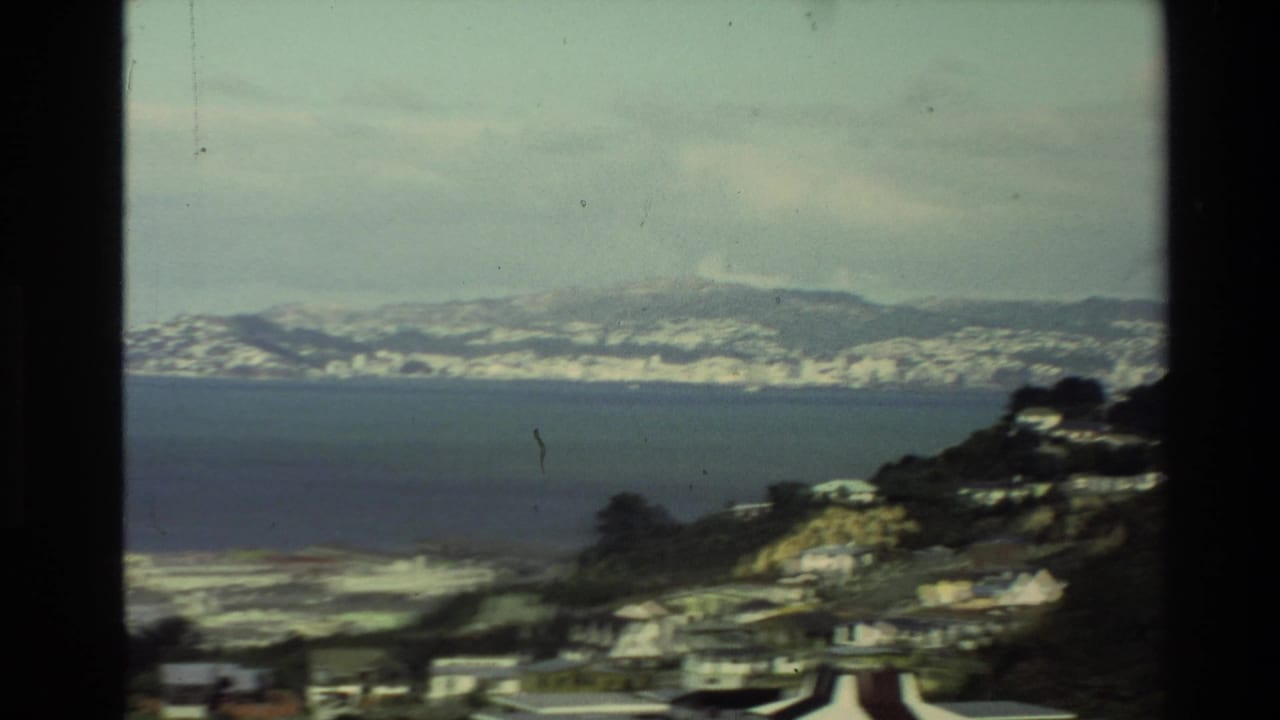 Elevated New Zealand coastal view with hillside homes in the foreground, water across the center, and mountains beneath low cloud.