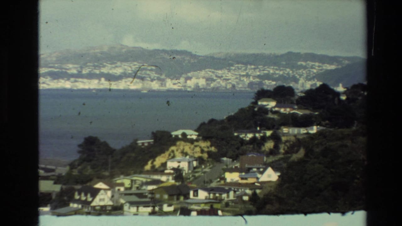 1981 New Zealand home-movie view of hillside homes, a bay, distant shoreline buildings, and hazy hills beyond.