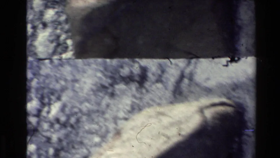 Final 1981 New Zealand 8mm frame with rocky texture, a dark frame band, pale foreground shape, and visible film wear.