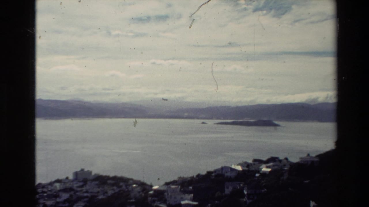 1981 New Zealand 8mm view from a hillside over blue-gray ocean, a small island, distant mountains, clouds, and dark foreground buildings.