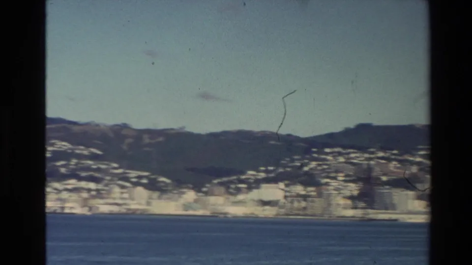 A soft 1981 New Zealand travel frame shows blue water, waterfront buildings, and dark hills in the distance.