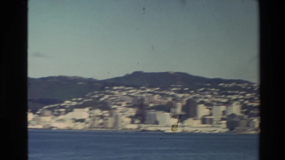 1981 New Zealand 8mm frame showing a coastal city across a bay, hillside buildings, distant hills, and visible film gate edges.