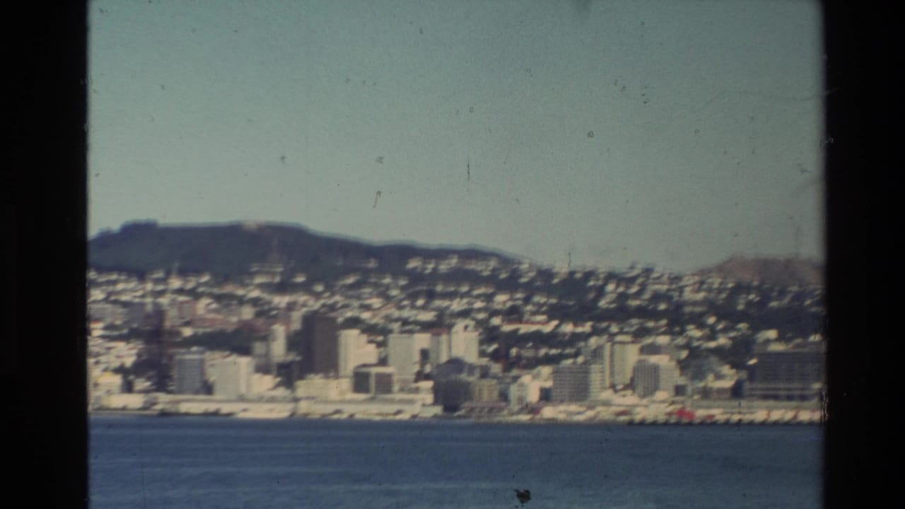 1981 New Zealand 8mm view of a waterfront city with pale buildings, hillside housing, blue water, and dark vertical frame edges.
