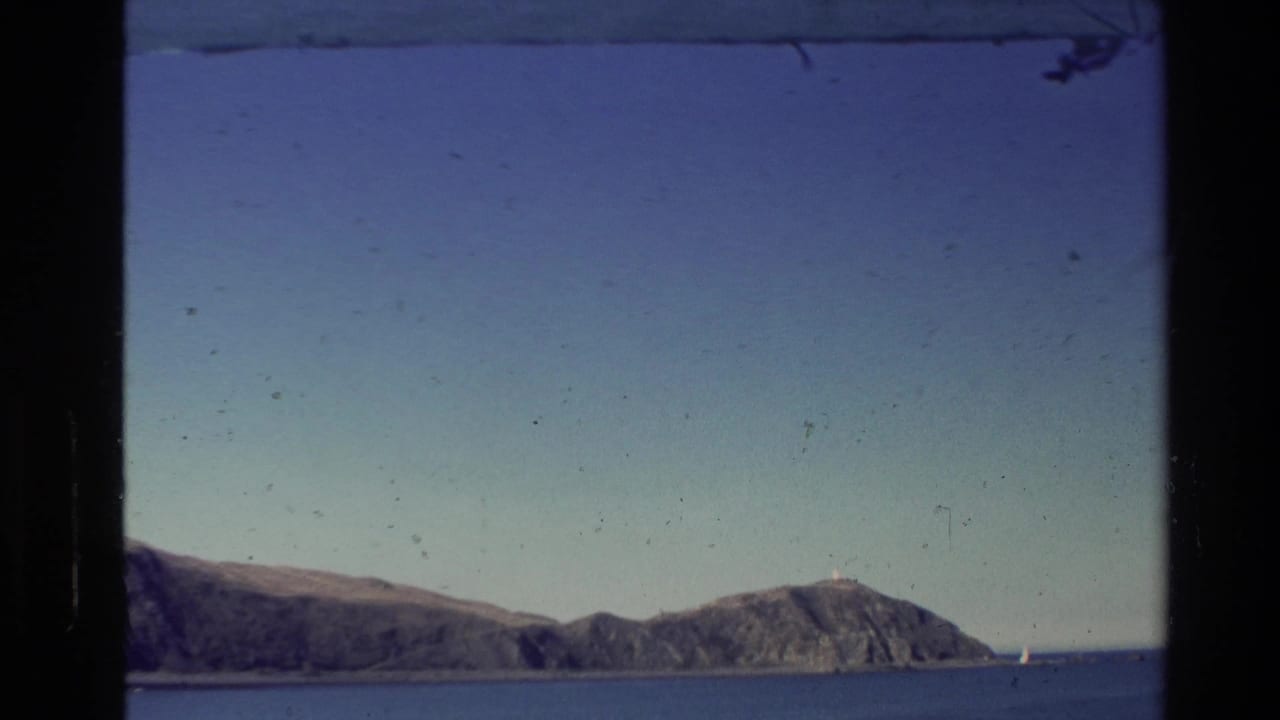 1981 New Zealand coastal landscape with a rugged island, open water, clear sky, and dark framing from a window or film gate.