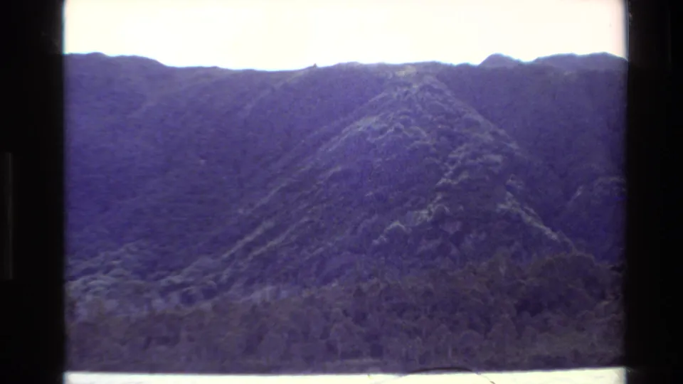 1981 New Zealand 8mm frame showing a rugged mountain slope with dark vegetation, soft focus, and visible film wear.